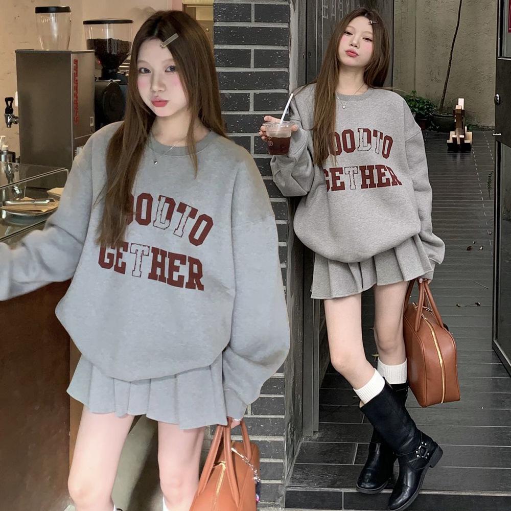 

Women s High-End Street Style Long-Sleeve Top & Skirt Set with Letter Print Hoodie XL серый