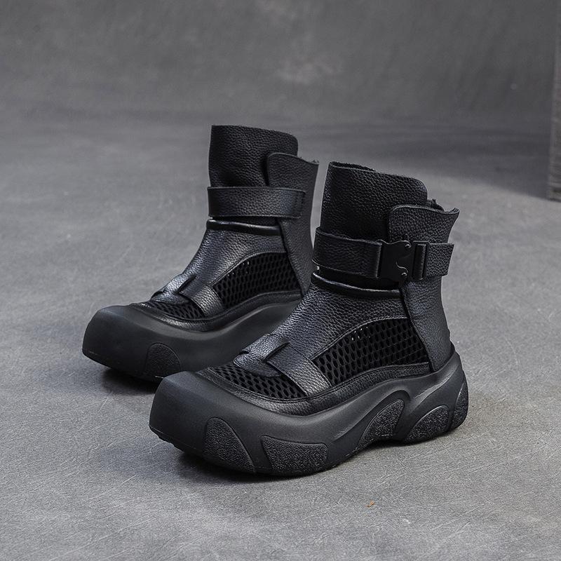 

Johnature Толстая подошва Полые Дышащие Сетчатые Сапоги Ретро Натуральная Кожа Универсальные Женские Платформенные Туфли 35 чёрный