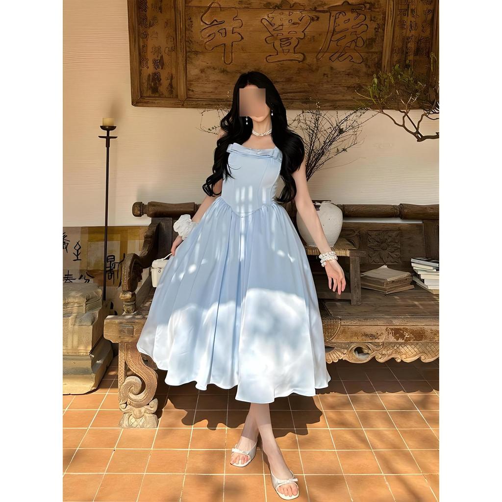 Girly style wears pink bow, gentle and versatile temperament waist birthday dress, new suspender dress