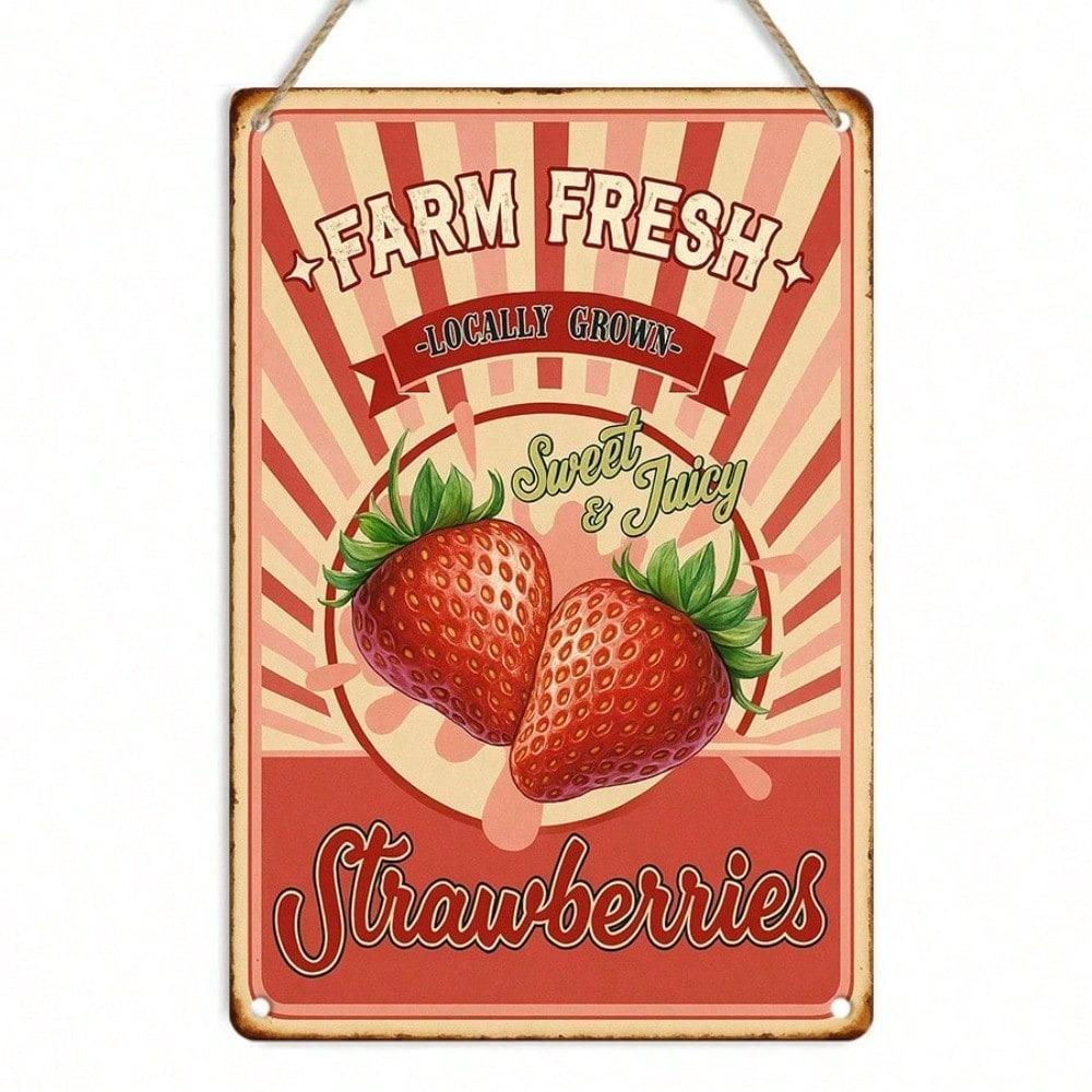 1pc Farm Fresh Strawberries Retro Tin Sign, 2D Flat Metal Wall Decor for Living Room Kitchen Outdoor, Vintage Food Festival Decoration