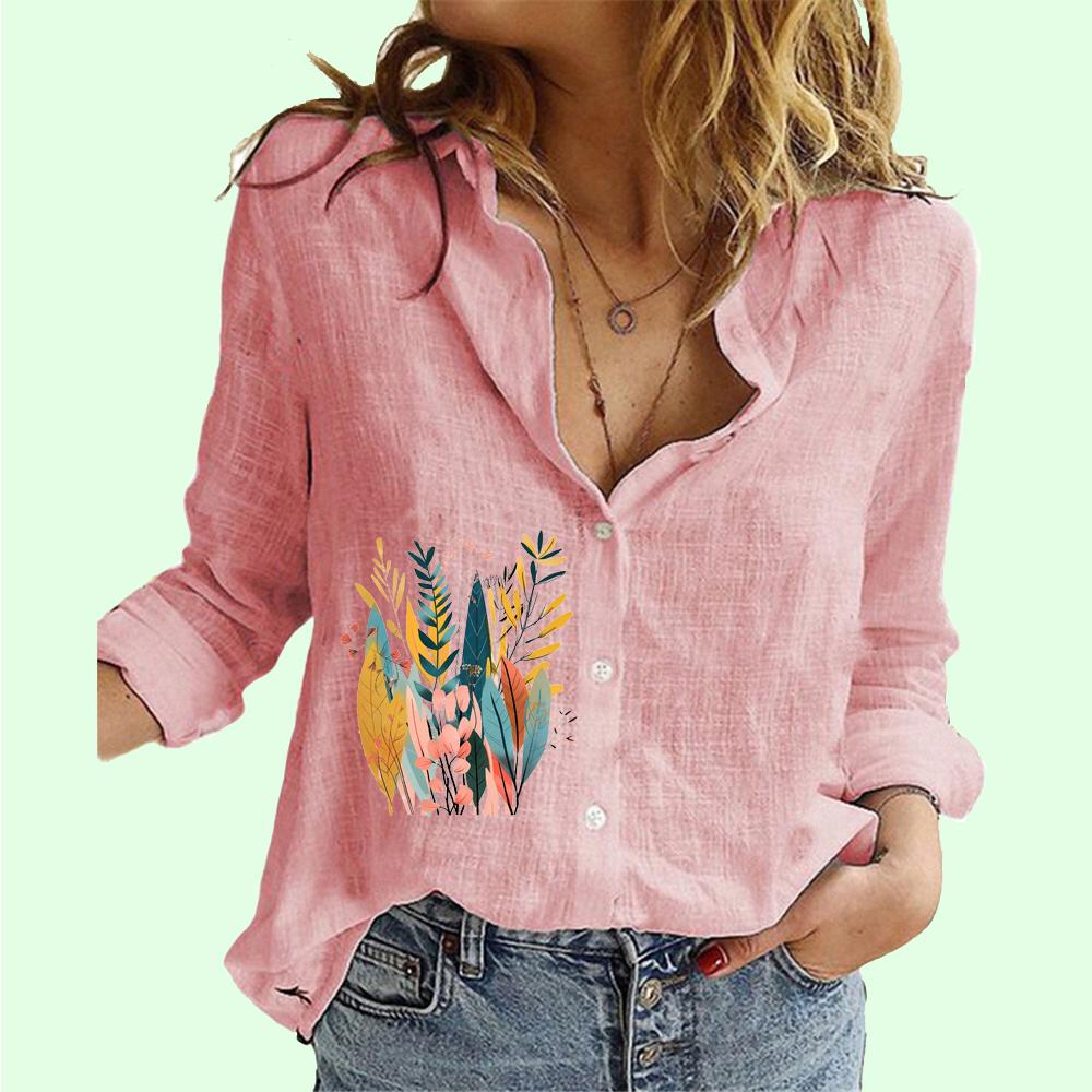 Women Fashion Button-up Shirt Summer&fall Cotton Linen Long Sleeve Top Ladies Casual Floral Print Blouses