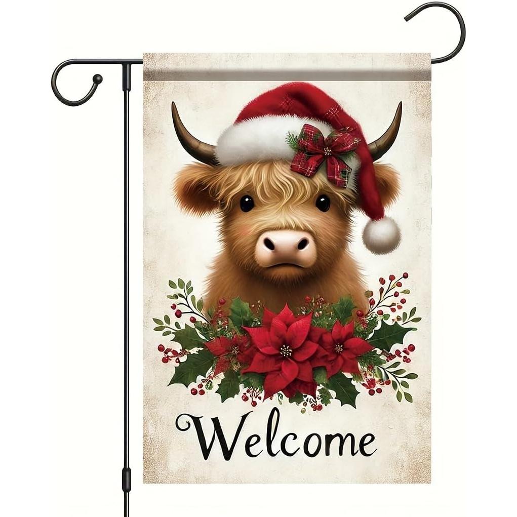 Double-Sided Garden Flag Featuring a Highland Cow in a Santa Hat Surrounded by Poinsettias, Perfect for Winter Holiday Outdoor Decor for Your Lawn Or