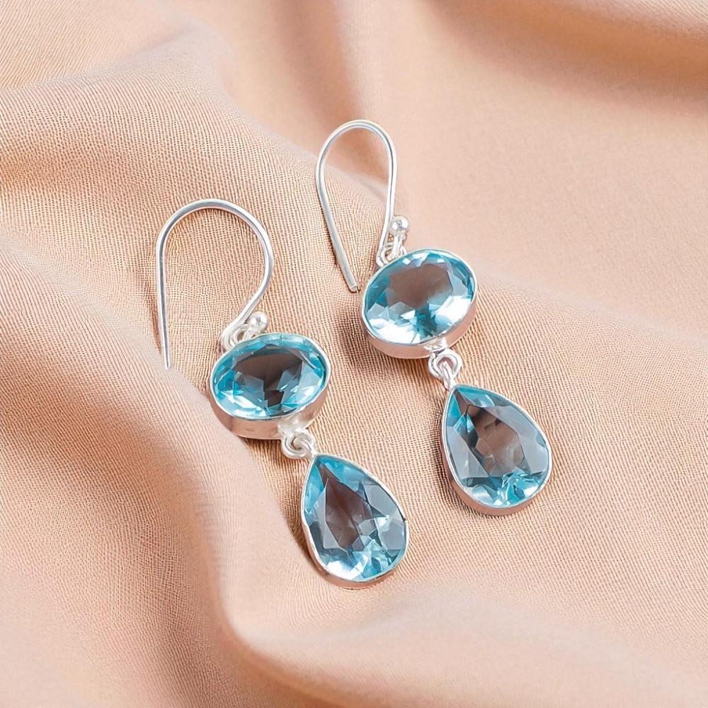 

Редкий Голубой Топаз Драгоценный Камень Серебро 925 пробы Ювелирные Изделия Ручной Работы Серьги 1,88 EE-73-8