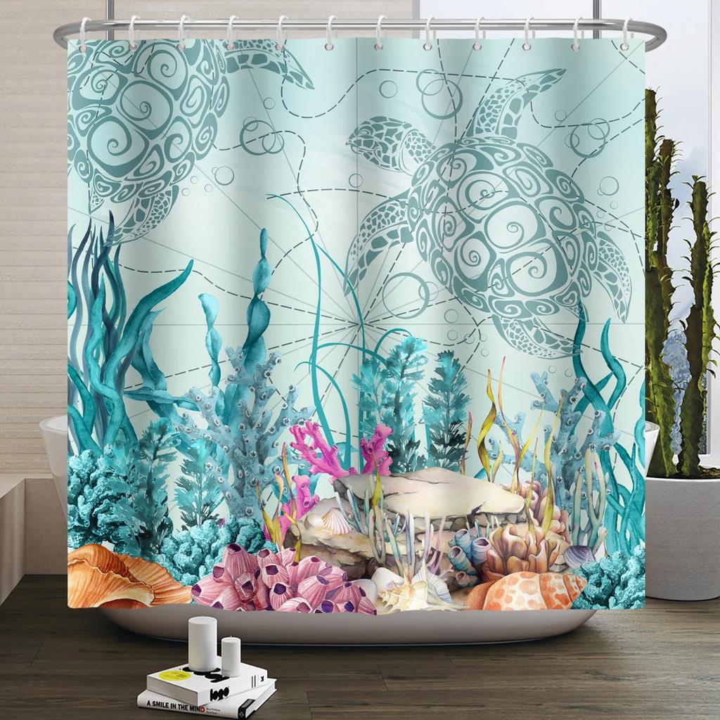 Sea Turtle Shower Curtain Ocean Animals Jellyfish Seahorse Starfish Nautical Underwater Marine Life Waterproof Bathroom Curtain