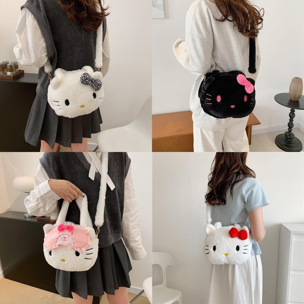Borsa a tracolla rotonda in peluche Hello Kitty a cartoni animati con cerniera per bambine