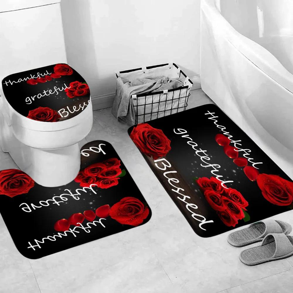 Valentine's Day Shower Curtain, Rose High Heels Lipstick Perfume Bottle Black and White Striped Romantic Bath Mat Bathroom Decor