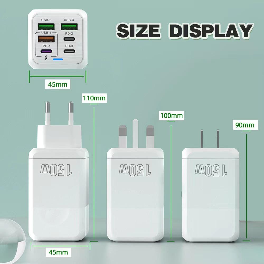 150W 6-in-1 Multi-port Fast Charger: 3 USB + 3 PD Ports, 5V 3.1A