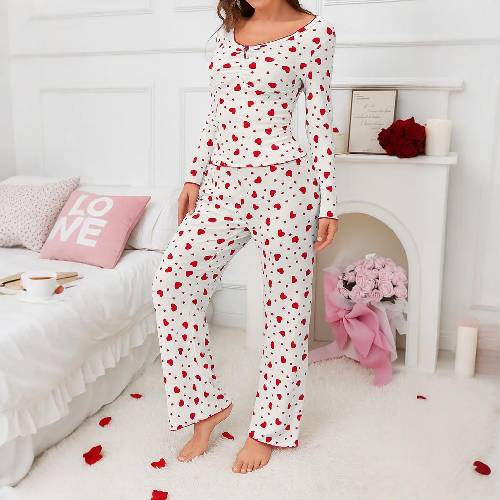 Women's Casual Love Long-sleeved Pajamas Two-piece Suit