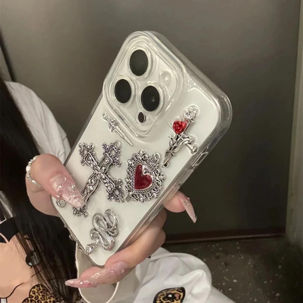 Y2K Gotický kříž Srdce Lásky Průhledný epoxidový kryt na telefon Pro iPhone 16 15 13 12 11 Pro Max 14 Plus Kryt 3D Had Tlumení nárazů
