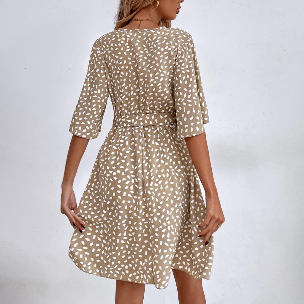 Women V Neck Belted Dress Short Sleeve Wrap Style Casual Loose Fit Printed Summer Dress with Waist Tie