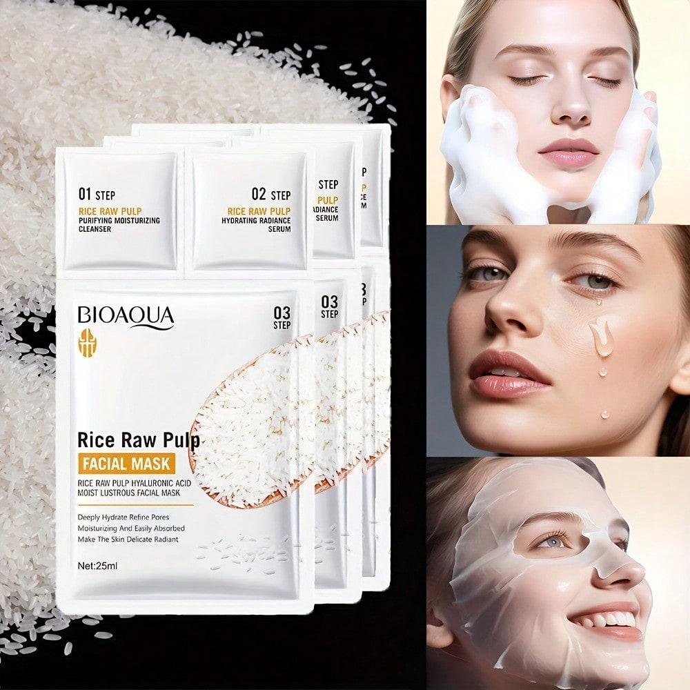 BIOAQUA Weißer Reis Gesichtsmasken Set Feuchtigkeitsspendend Aufhellend Anti-Falten Gesichtsserum Reiniger Gesichtsmasken Hautpflege-Set