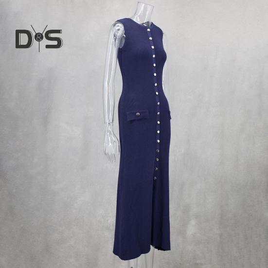 Letní dámské šaty Pletené pouzdro Slim Fit Jednobarevné Kulatý výstřih Elastické Bez rukávů Jednořadové knoflíky Délka do půli lýtek Midi šaty