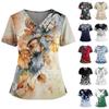 Women's Fashionable Printed V Neck Double Pocket Short Sleeved Shirt With Slit Hem Uniform And Worker Top
