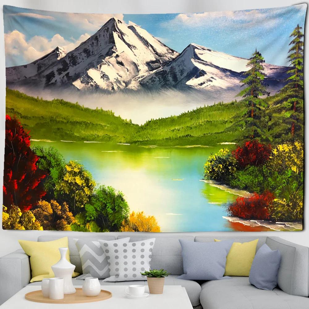 Mountains Psychedelic Tapestry Starry Sky Wall Hanging Star Stars Leaf Village Dorm Decor Blanket 130Cm Woven Personalized