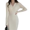 Vintage strikket genser Langermet kjoler Dame Slank Bodycon Koreansk Elegant Høst Vinter Knapp V-hals Genser Midi Kvinne Kjole