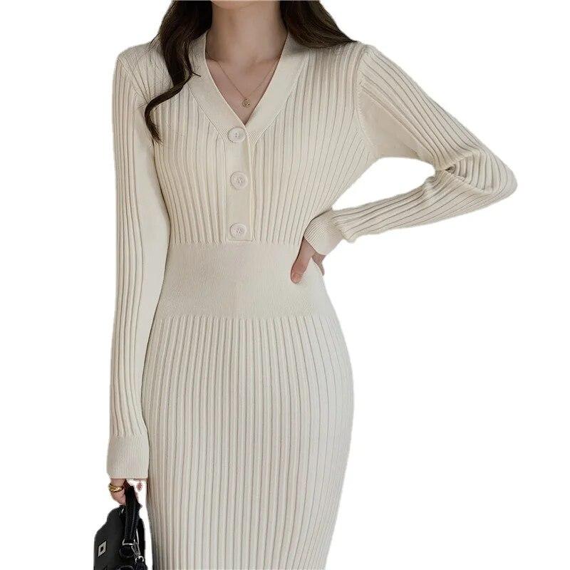 Vintage strikket genser Langermet kjoler Dame Slank Bodycon Koreansk Elegant Høst Vinter Knapp V-hals Genser Midi Kvinne Kjole