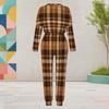 Women Plus Size Round Neck Long Sleeve Brown Plaid Printed Two Piece Set Cuffed Top Cuffed Pants With Pockets