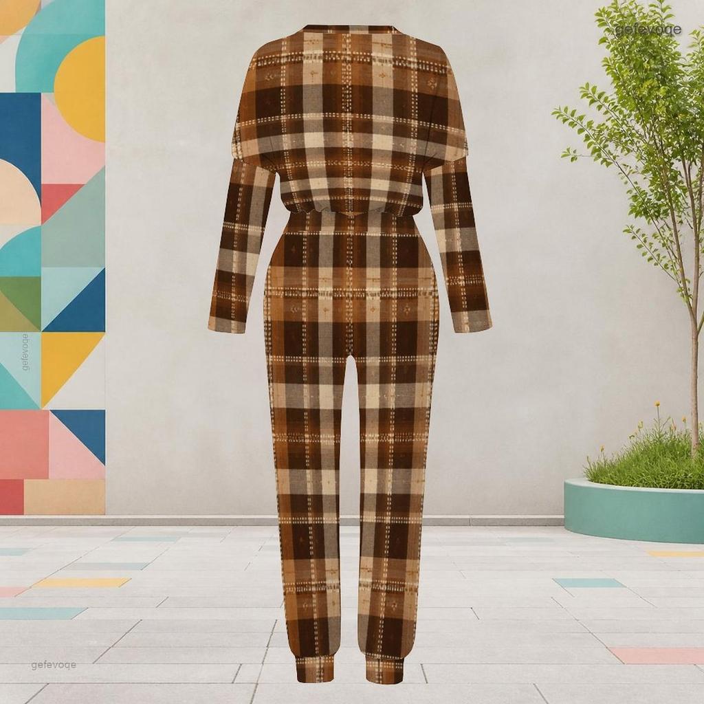 Women Plus Size Round Neck Long Sleeve Brown Plaid Printed Two Piece Set Cuffed Top Cuffed Pants With Pockets