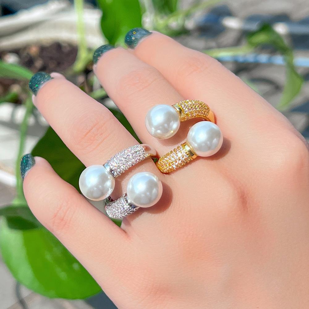 Light Luxury Simple Double Pearl Open Ring Slightly Inlaid Zircon Jewelry