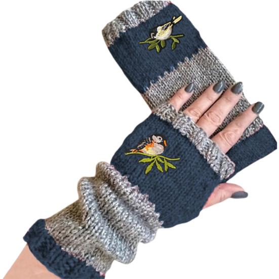 1 Pair Fall Winter Gloves Fingerless Knitted Bird Embroidery High Elasticity Non-slip Arm Warmers Colorblock Arm Sleeves Keep Warm Wrist Covers