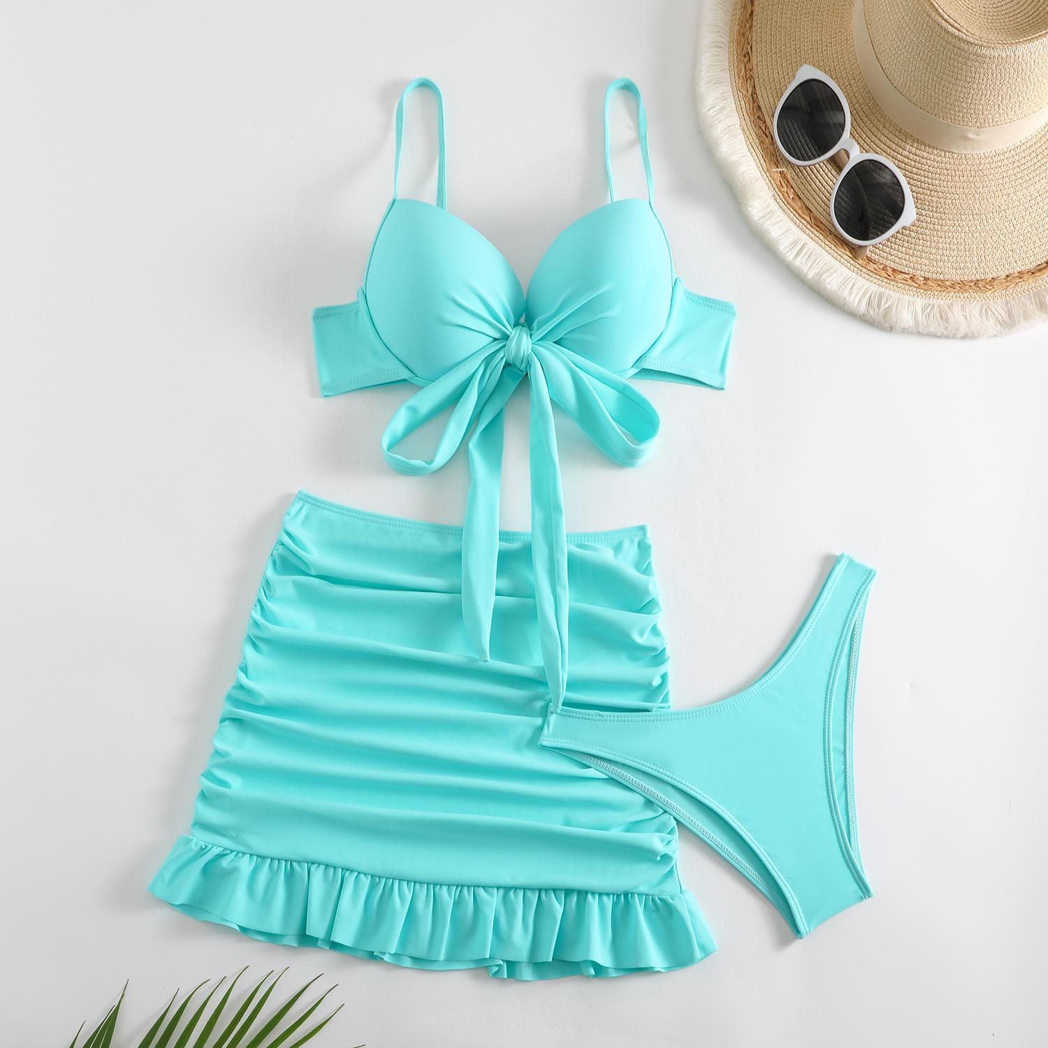 

Элегантный однотонный купальник: Женский комплект из трех предметов с сексуальным бикини с драпировкой и облегающего кроя Large