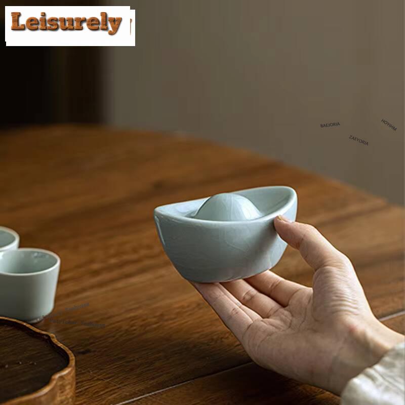 Ru Kiln Gold Ingot Tea Pet Boutique Ice Gracked Glaze Tea Pet Creative Tea Figurine Toys Tea Ceremony Lid Holder Chinese Teaware