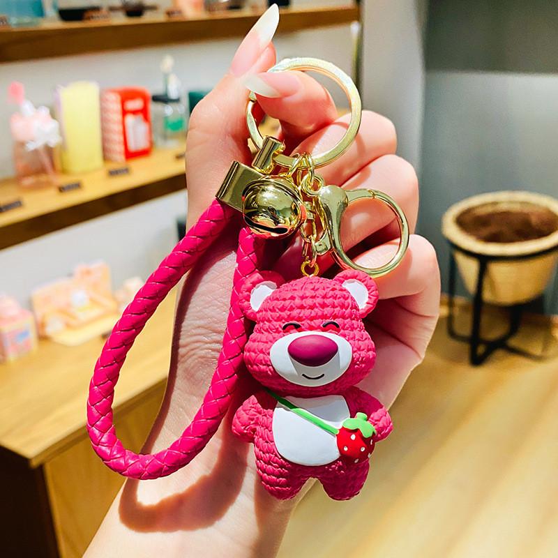 Resin Lovely Strawberry Bear Keychain Charming Cartoon Bear Pendant Cars For