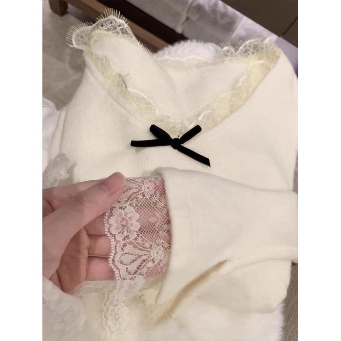 Женский вязаный топ с V-образным вырезом и французским кружевным кантом - Стиль Осень/Зима Small абрикосовый