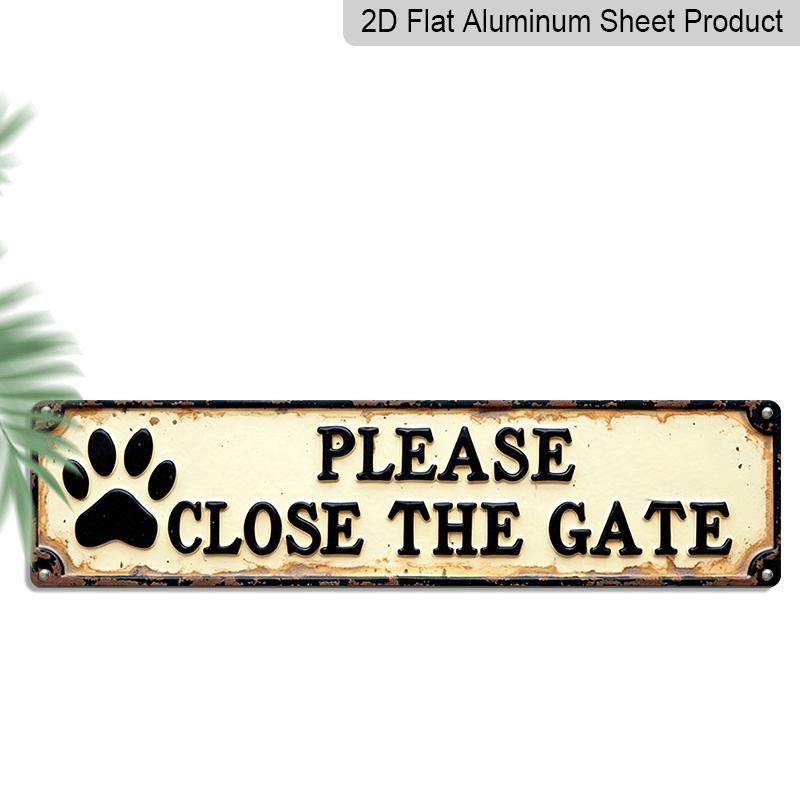 

2D Flat, 1 Stylized Please Close The Gate Metal Sign with Dog Paw Print - Vintage Farmhouse Wall Decor, Suitable for Porch, Entryway, Garden 40cm x 10cm