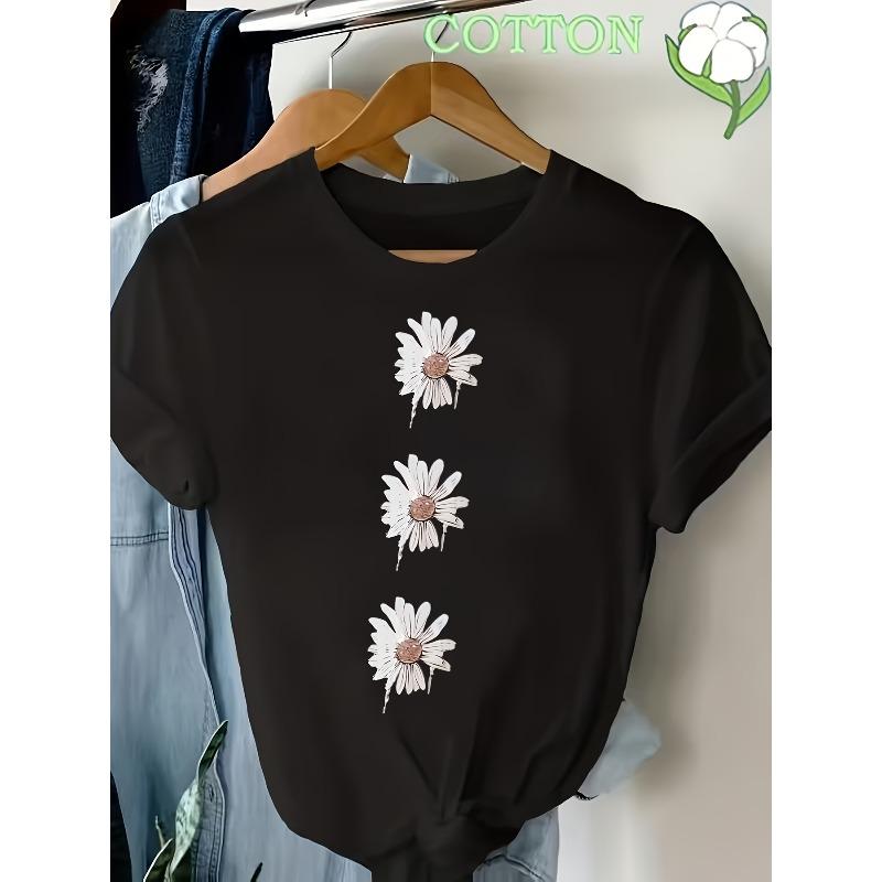 Europeisk Storlek Dam Casual Kortärmad T-shirt | Mjuk och Stretchig Rund Hals med Geometriskt Blommönster, Maskintvättbar Vit Topp