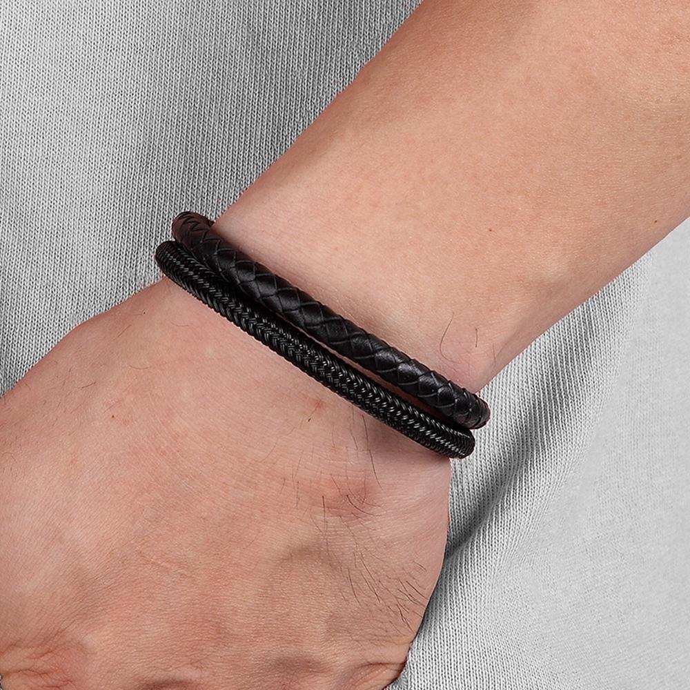 Classic Style Leather with Stainless Steel Stitching Combination Men's Bracelet Black/Steel Buckle Party Accessories Gift
