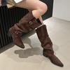 Boots women's 2025 autumn and winter new large tube circumference pleated piling boots suede thick heel boots but knee women's boots