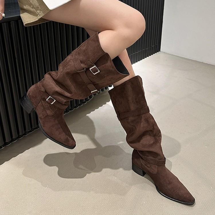 Boots women's 2025 autumn and winter new large tube circumference pleated piling boots suede thick heel boots but knee women's boots