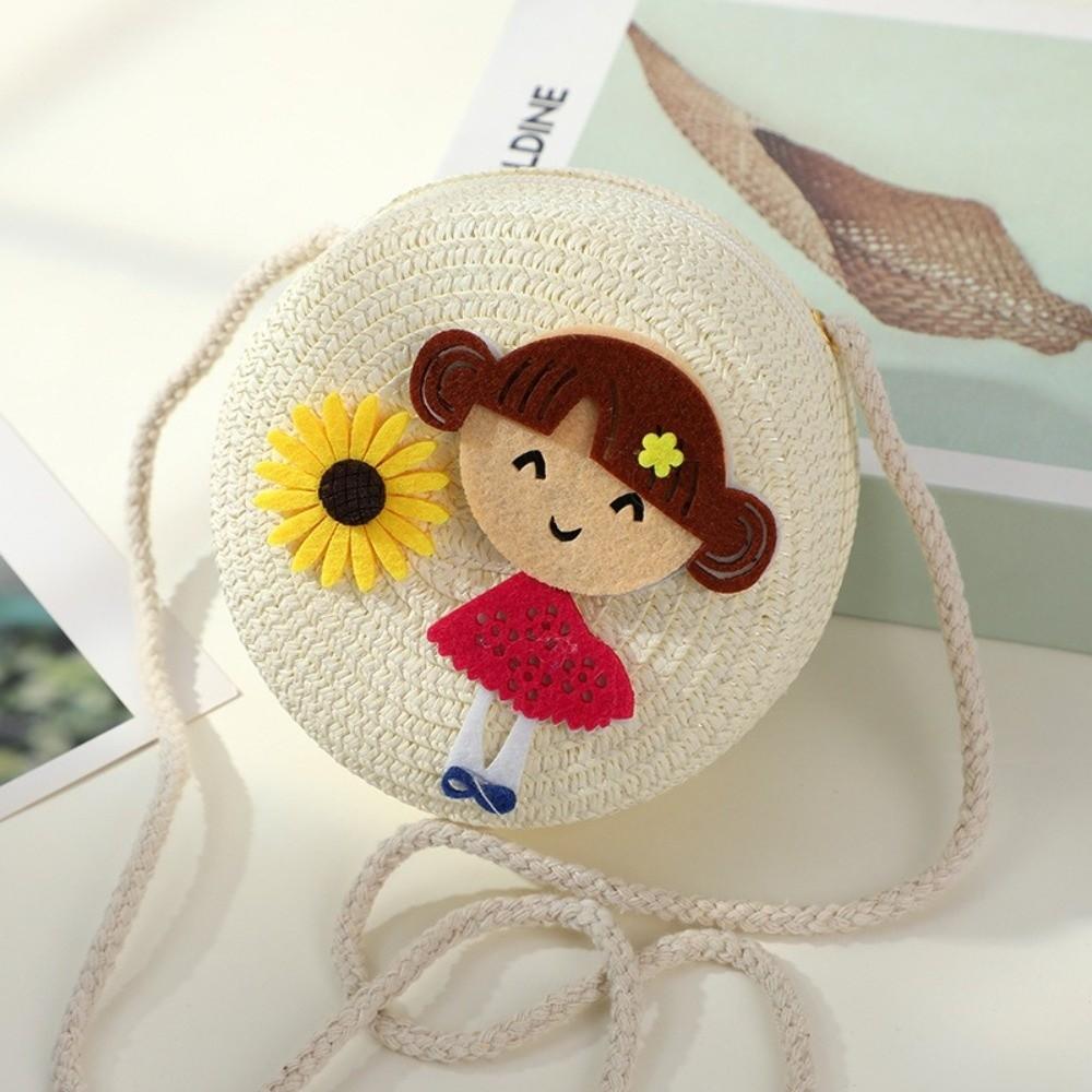 Creative Handmade Woven Straw Shoulder Bags Cute Lightweight Crossbody Bag Flower Beach Bag for Children