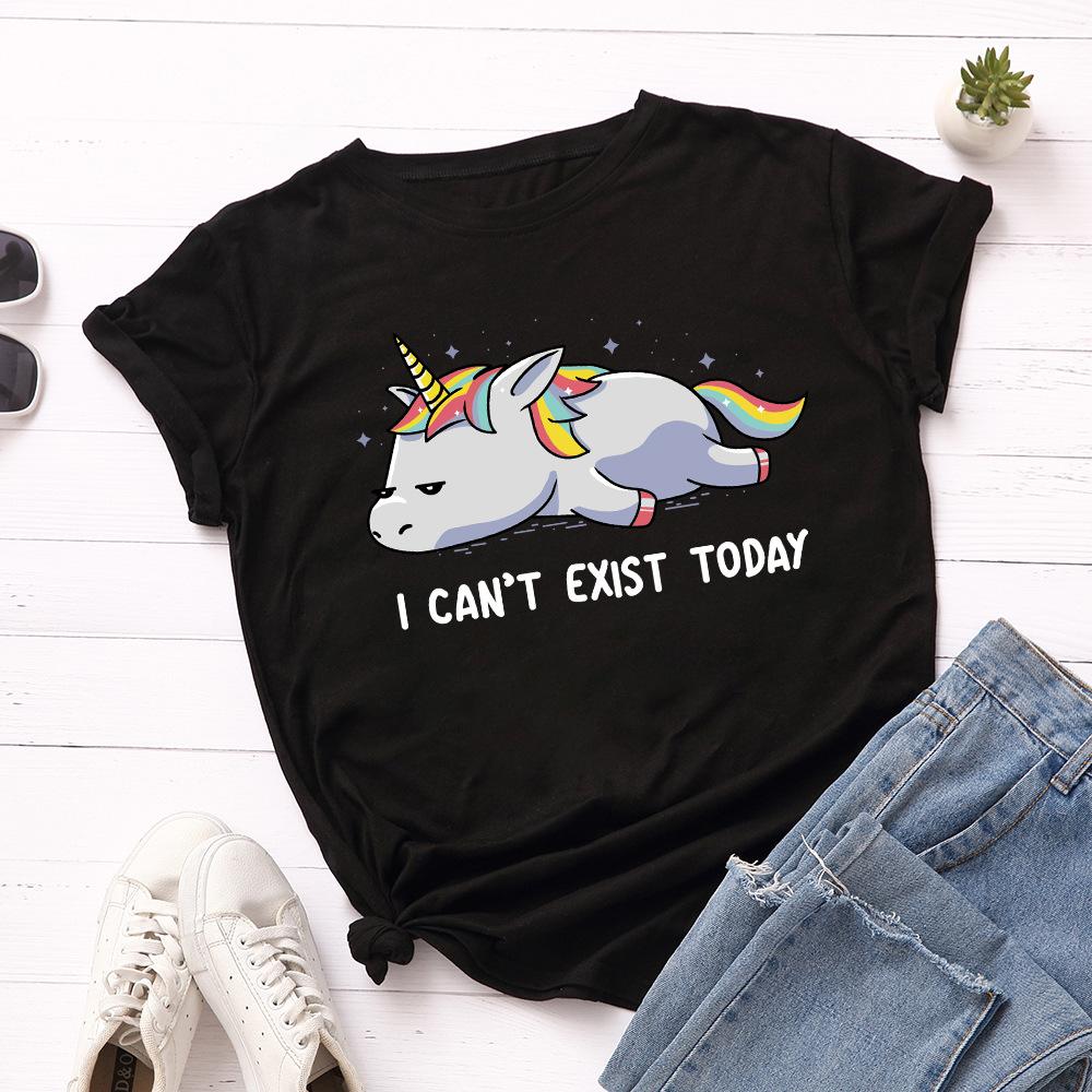 

Loose Round Neck Pure Cotton Unicorn Print Short Sleeved Women s T-shirts 3XL оливковий колір