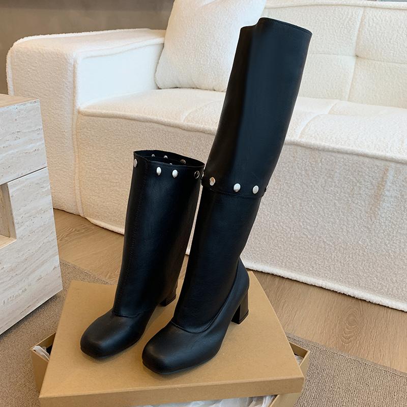 Zwei-Wege Hohe Stiefel Herbst Neu Quadratische Spitze Ärmel Niete Anti-Rutsch Verschleißfest Einzelne Stiefel