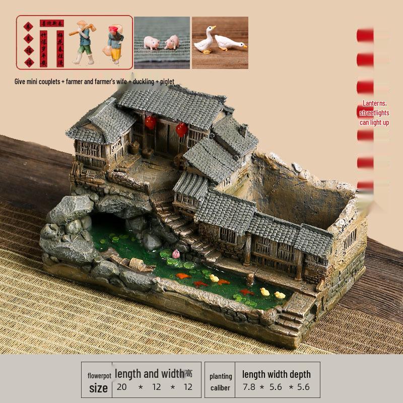 Retro Farmhouse Courtyard Miniature: Nostalgic Desktop Bonsai Decor for Living Room
