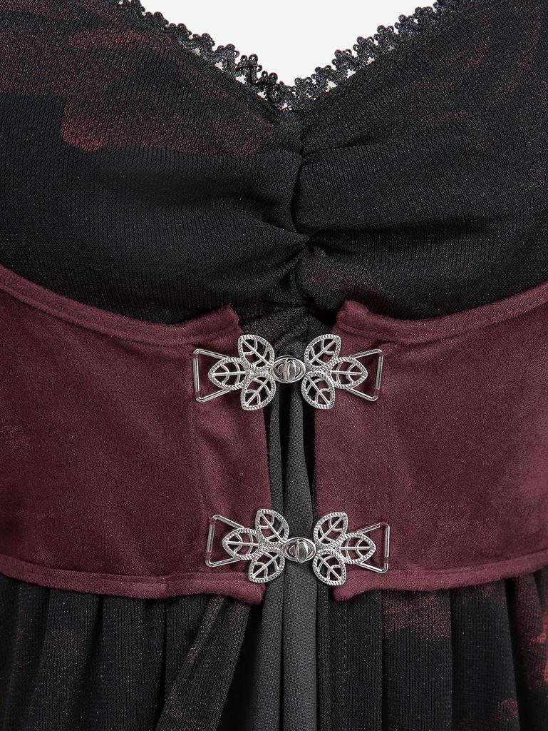 Rosegal Plus Size Rose Flower Print Mesh Ruched Lace Trim Star Buckle Grommets Flare Sleeves 2 In 1 Top