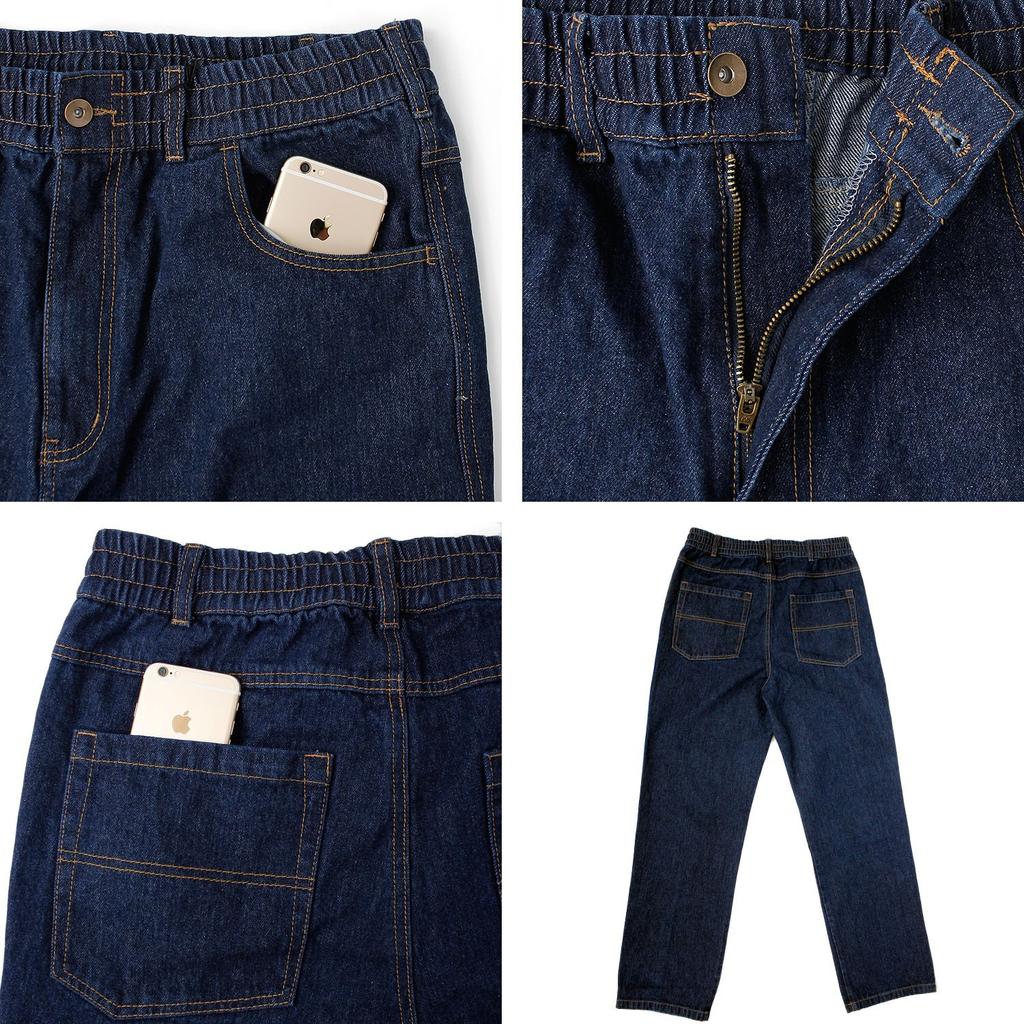 HLEMMUSEUM Men's Denim Cargo Pants, Plus Size, Loose Fit, Wide Leg, Elastic Waist, Jeans, Size 3L, Blue (Plain)