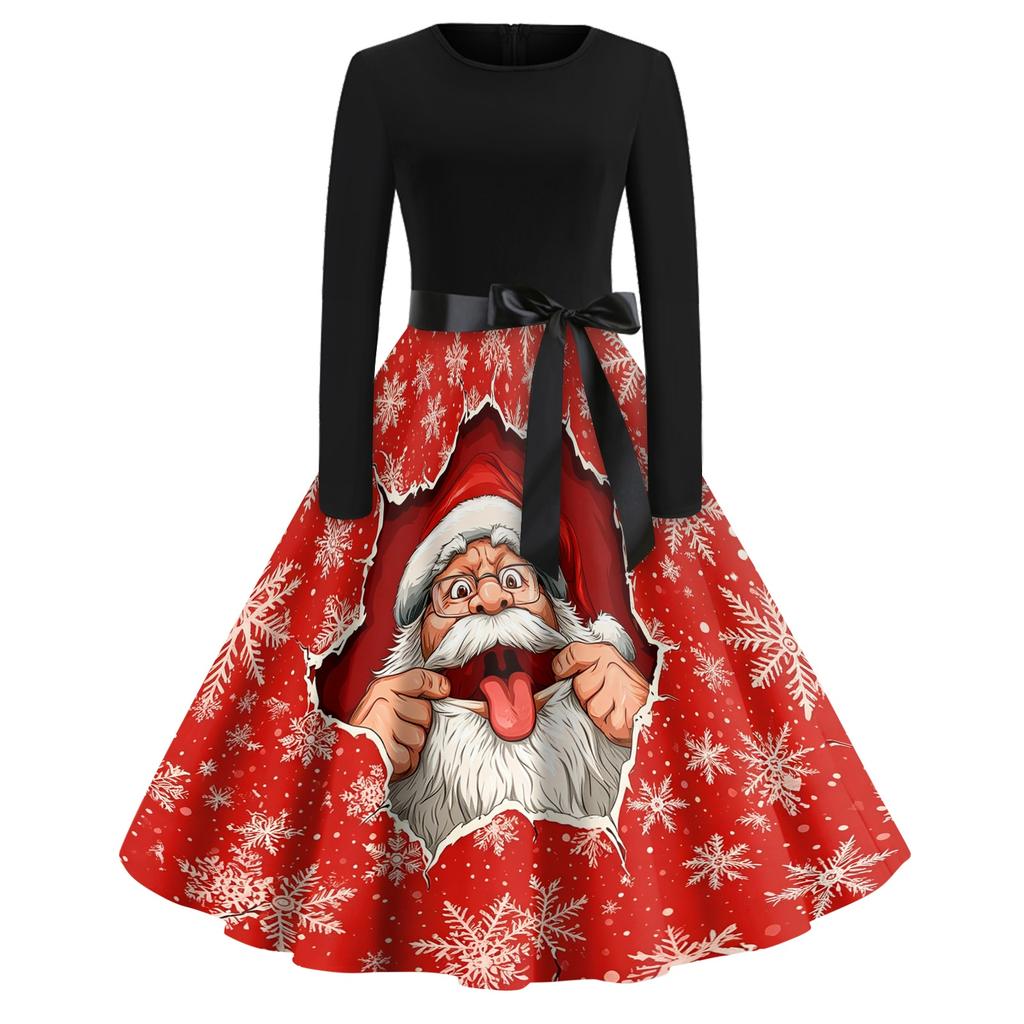Women's Vintage V-Neck Christmas Print Casual Dress for Holiday Party