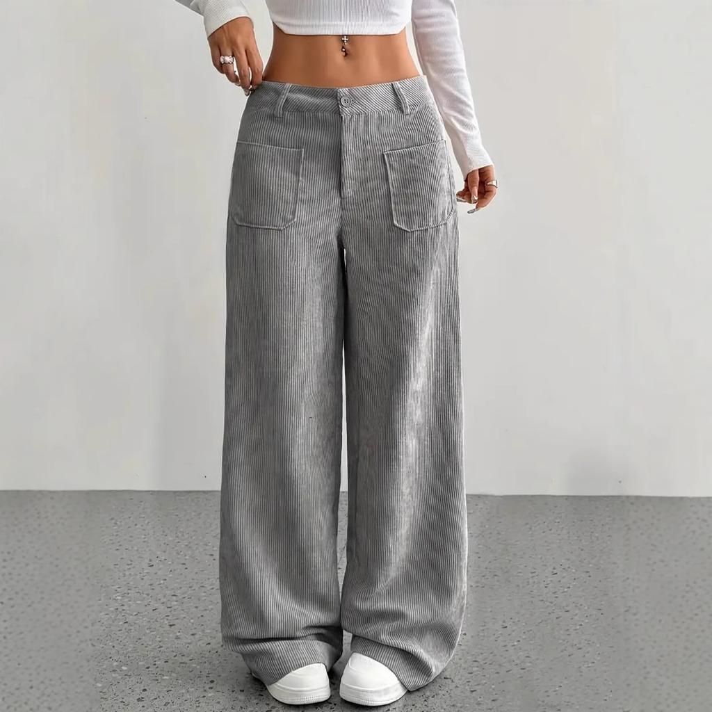 Corduroy-Textured Women's High-Waisted Wide-Leg Pants | Relaxed Fit Side Pockets & All-Season Comfort, Machine Washable Beige Trousers