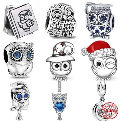 New S925 Sterling Silver Owl with Witch Santa Hat Gift Fine Charm Bead Fit Original  Bracelet Trinket DIY Women Jewelry