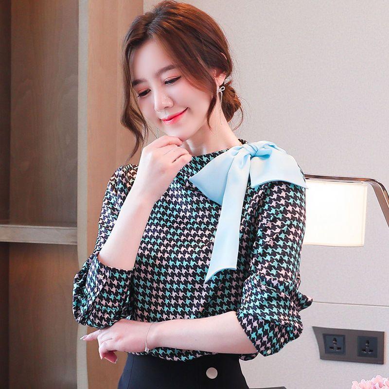 Fashionable and Small Stand-up Collar Shirt for Women Long Sleeve Houndstooth Print Contrasting Bow Tie