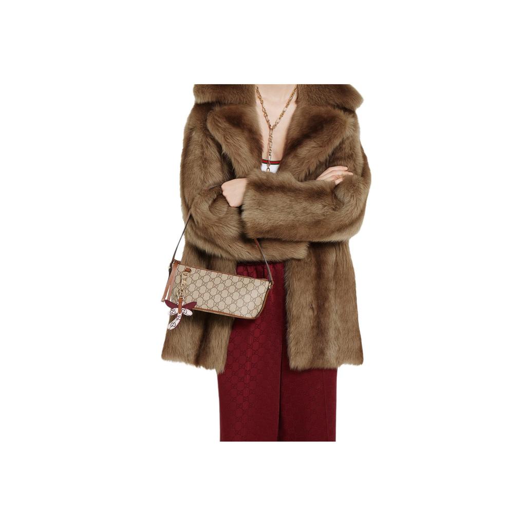 Gucci Torebka na ramię z emblematem GG, jasne złote okucia, tkanina powlekana, mała, damska, beżowo-brązowa, 847281-FAEUC-9758