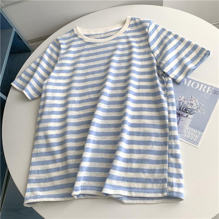 2025 Summer Women's Striped Cotton-Linen Short-Sleeve Round Neck Top, Korean Style