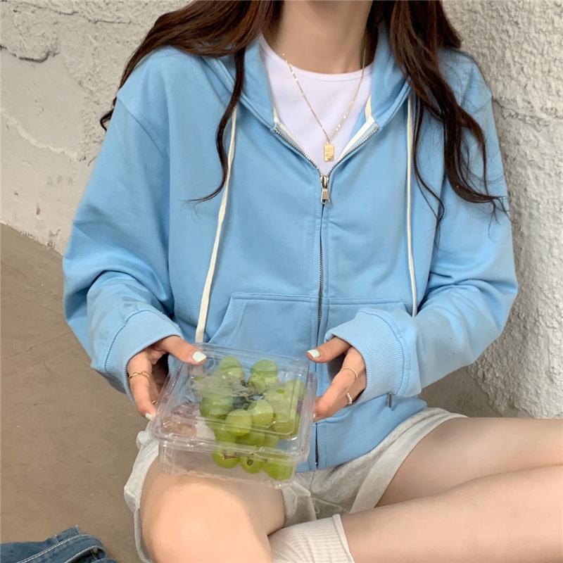 Chic Hong Kong Style Women's Zipper Hoodie - Spring/Autumn 2023, Thin & Short for Petite Frame, Versatile Cardigan