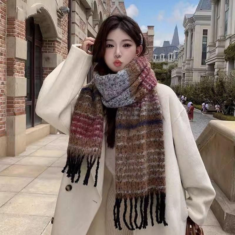 Korean Style Striped Retro Scarf for Women Embroidered Color Matching  Thickened and Warm in Winter  Simple Mohair Premium Scarf