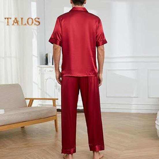 2-teiliges Pyjama-Set für Herren aus Seidensatin mit Reverskragen und Button-Down-Pyjamaoberteil mit Brusttasche, elastischer Bund und Hose, Nachtwäsche