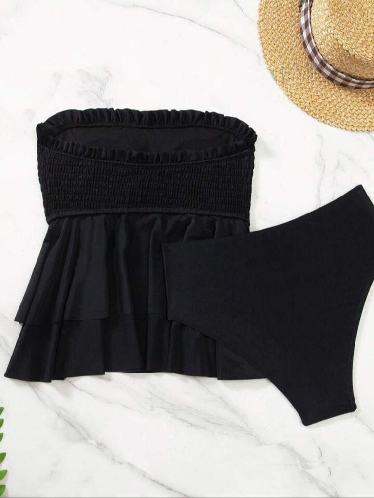 Women's Solid Color Ruched Strapless Bikini Cover-Up Two-Piece Set