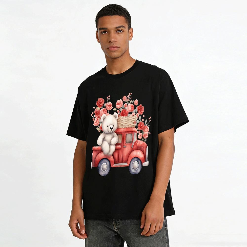 Cute Teddy Bear Red Truck Rose Print Casual Top Pure cotton T-shirt